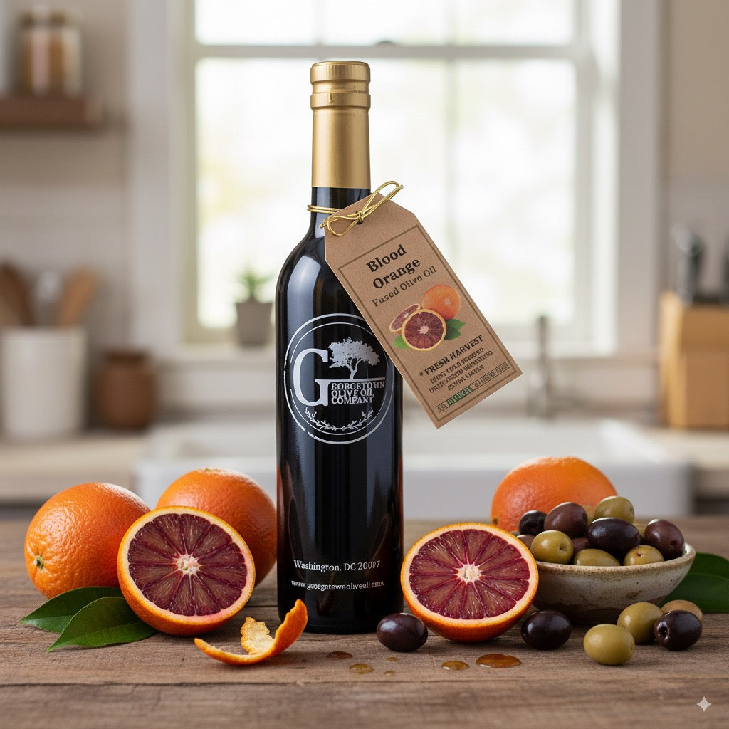 Bottle of blood orange olive oil with a label on a kitchen counter with oranges and olives.