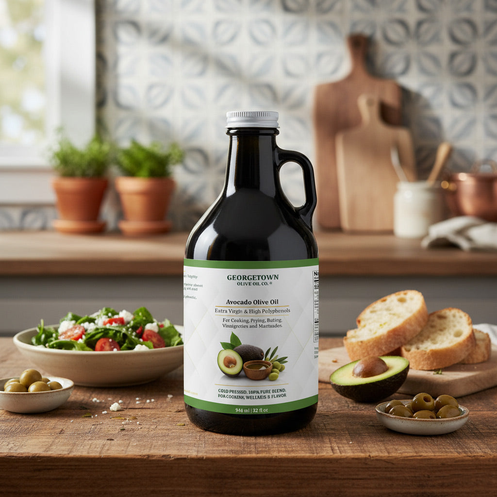 Bottle of Georgetown Avocado Olive Oil on a kitchen counter with a salad and bread in the background.