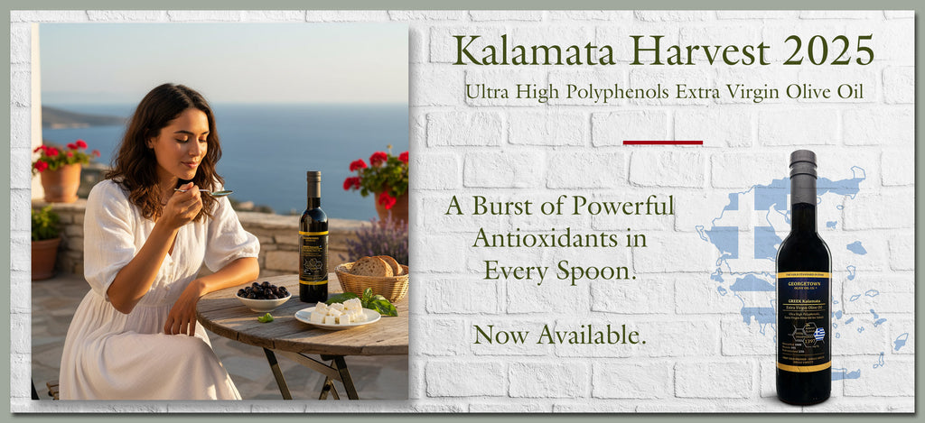 Kalamata Ultra High Polyphenols Extra Virgin Olive Oil Georgetown Olive Oil Co. Harvest 2025 fresh