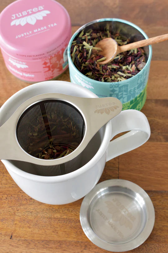 JusTea Loose Leaf Tea Infuser with Dual-Use Coaster Lid Georgetown Olive Oil Co